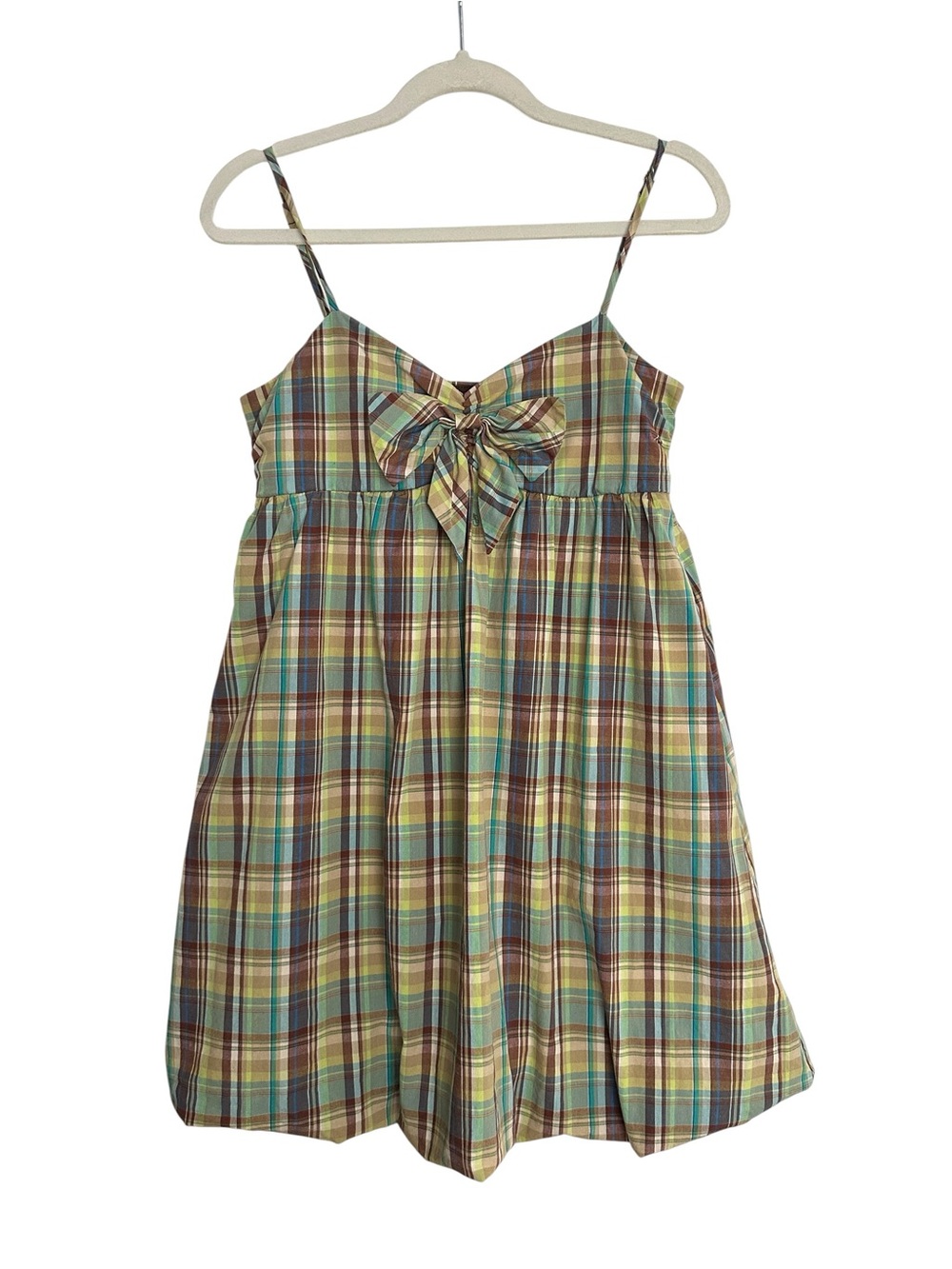 BCX Plaid Bubble Hem Mini Dress Bow Front Empire Waist Cottagecore Y2K Coquette